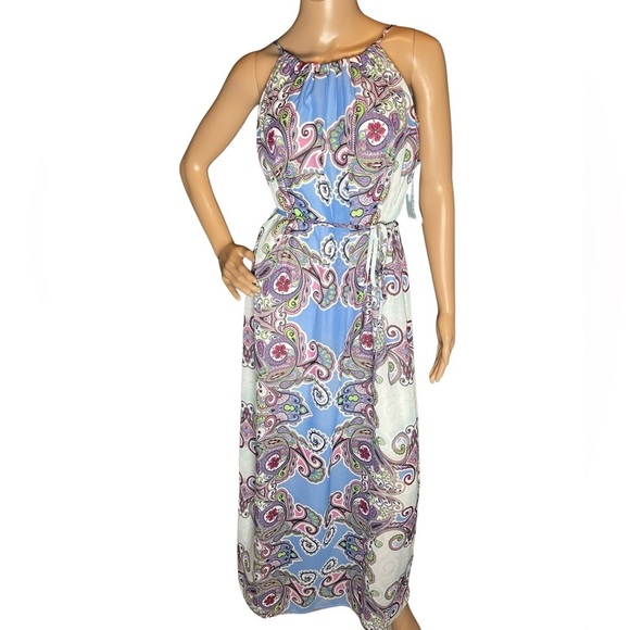 London Times Halter Printed Floral Boho maxi Key Hold dress with tie belt Size 4 - Picture 2 of 14